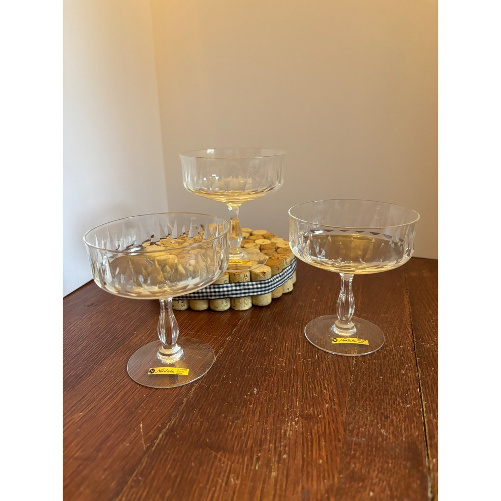 Noritake Crystal Champagne Coupe Glasses Set of 3 Hand Cut Japan Vintage 4.5"